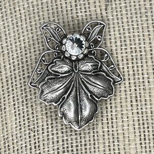 Vintage Jane Davis Silver Tone Leaf Angel Fairy Brooch w/ Rivoli Rhinestone